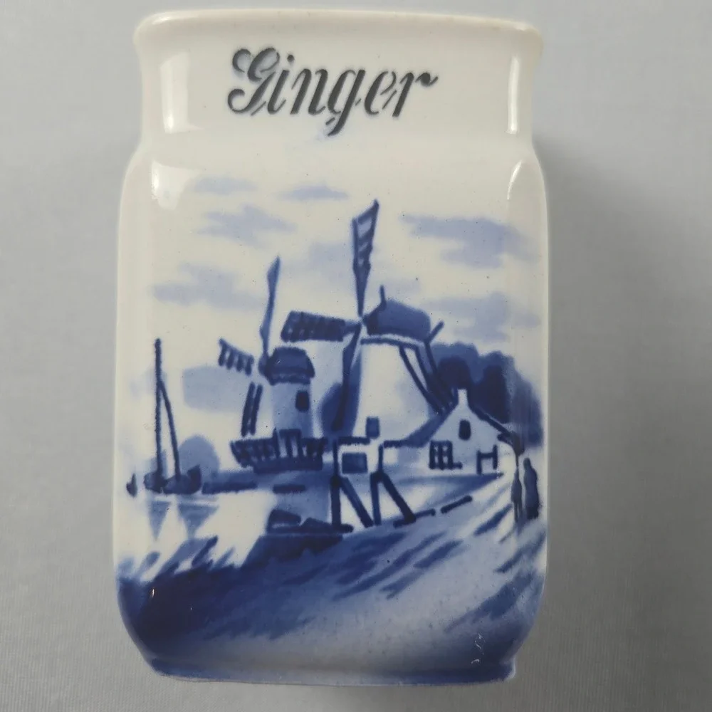 Vintage Delft Blue Dutch Windmill 4 Spice Jars Ginger Pepper Nutmeg Cinnamon